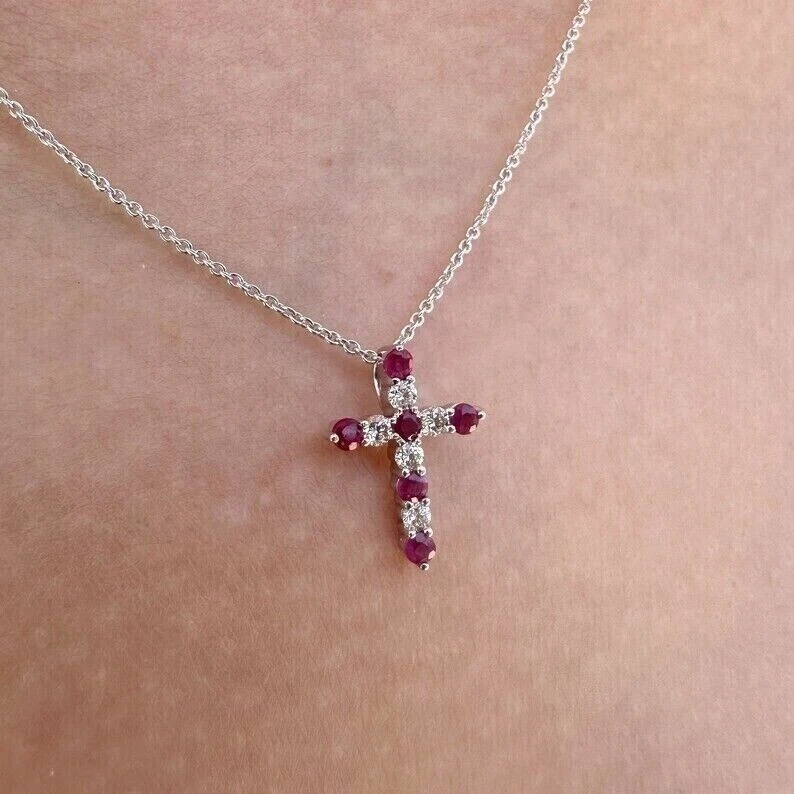 Round Lab Created Ruby Cross Daily Wear Pendant Necklace 14K White Gold Plated - Image 2 of 4