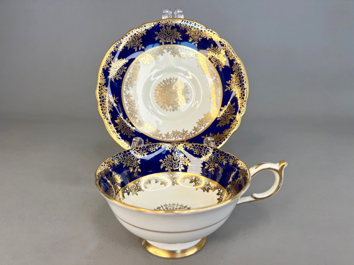 Vintage Paragon Cobalt Blue and Gold Porcelain Teacup and Saucer
