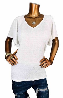 Anne Klein L Top NWT$69 Stretch Hem Logo White Crinkled Short Slvs Blouse Sheer