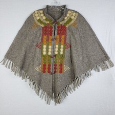 Vintage 60s 70s Cape Poncho Wool Blend Embroidered Ethnic Fringe Boho O/S