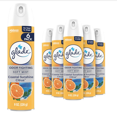 Glade Air Freshener Room Spray, Coastal Sunshine Citrus Scent, 8 Oz, 6 Count
