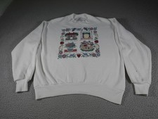 Vintage Grandma Sweatshirt Womens Large White Flowers Folk Art 90s Made USA