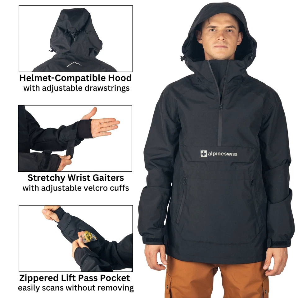Alpine Swiss Men Anorak Snowboard Jacket Waterproof Windproof Winter Sport Shell - Image 4 of 4