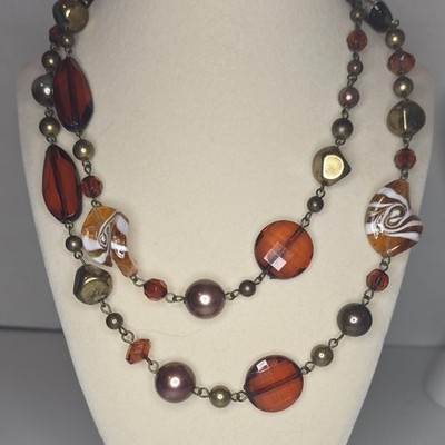 Long Unbranded Blown Glass Bead Necklace Sparkle Art Glass Brown Bronze Tone