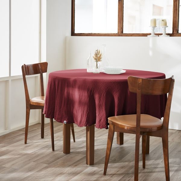 Nappe ronde 180 cm en gaze de coton GAÏA lie de vin pour des repas chaleureux en famille