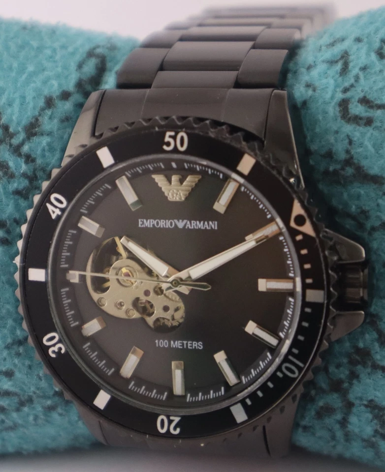 Reloj de pulsera informal Armani automático esfera negra correa de acero para hombre "Mantente puntual" Foto 2 de 4