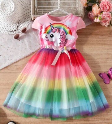   Regenbogen-Einhorn-Kleid für Mädchen   Farbenfroher Zauber, Gr.104/110, Neu