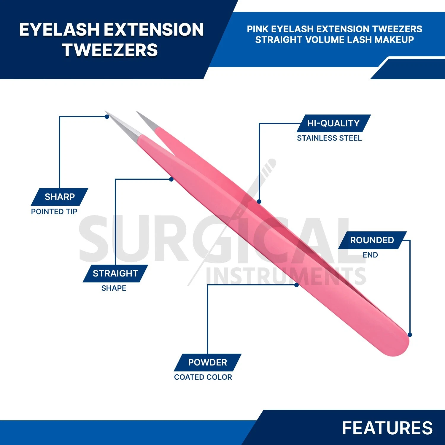 2 Pcs Eyelash Extension Tweezers Straight & Curved Stainless Set (pink) German G image 4