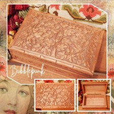 Vintage Hand Carved Wood Tree of Life Leafy Design Global Chic Jewelry Box