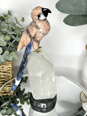 Hand Carved Peach Quartz Macaw Parrot in Crystal Base 7.5'' Natural Stone Bird