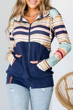 NEW Navy Blue Pink Brown Multi Striped Full Zip Hooded Sweatshirt Top pick S M