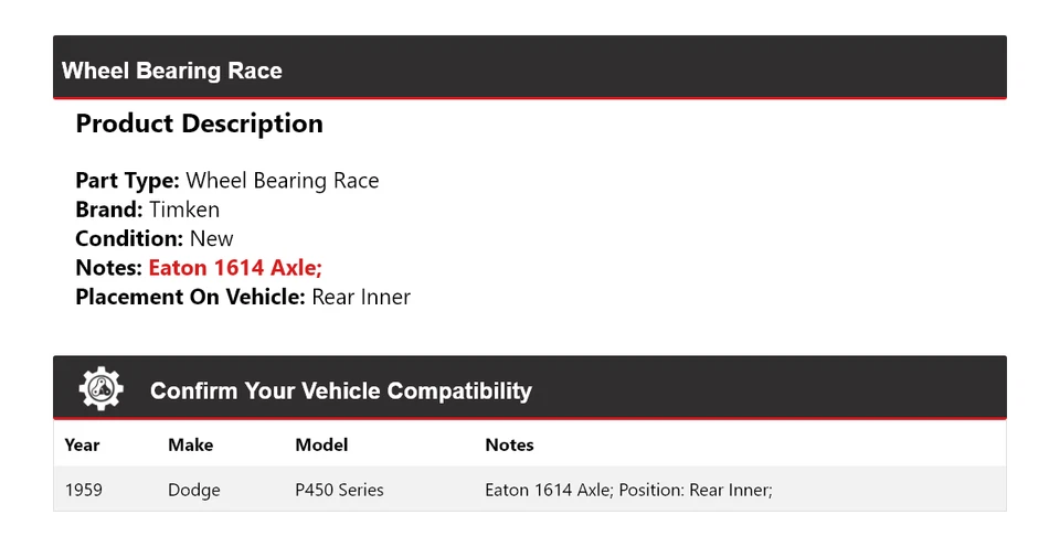 Cojinete de rueda interior trasero Timken para Dodge serie P450 1959 Foto 2 de 4