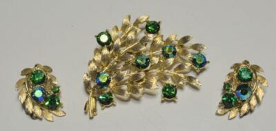 Vintage Lisner Signiert Goldtone Strass Blätter Set Clip-Ohrringe Pin Brosche