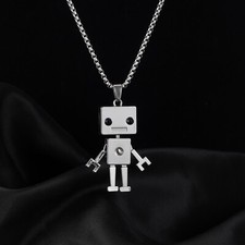 B Ware: Lange Halskette mit Anhänge Roboter Damen Herren Edelstahl Pulloverkette