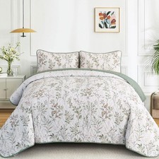 King Size Quilt Sets Green Floral Pattern Quilt Bedding Set, 3 Pieces Botanic...
