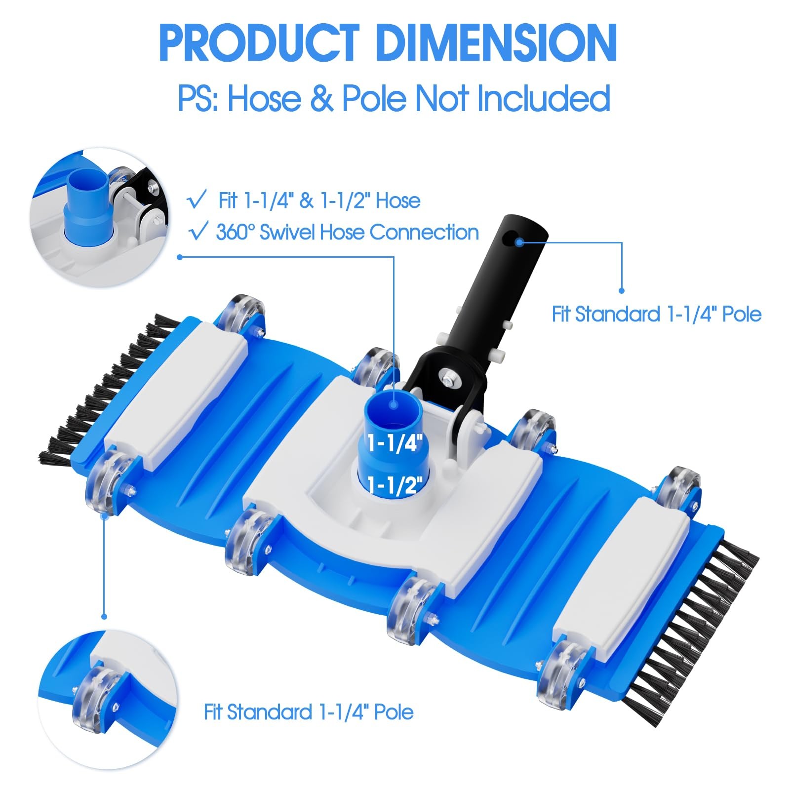 2025 Pool Vacuum Head with Side Brushes and Wheels 16in Eazy-to-Use Vacuum He .