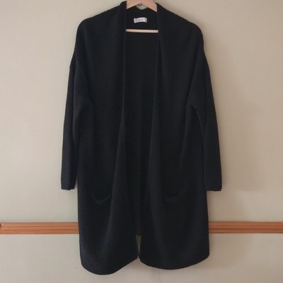 Papaya schwarz Longline Waffel Strick Cardigan UK14-16 L | offene Fronttaschen GUC