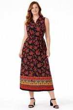 Sag Harbor Plus Size 24W Black Red Floral Boho Midi Dress Sleeveless Tie...
