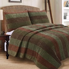 King Quilt Set Bedding Rustic Mountain Cabin Lodge Farm Brown Green Stripe 3pc