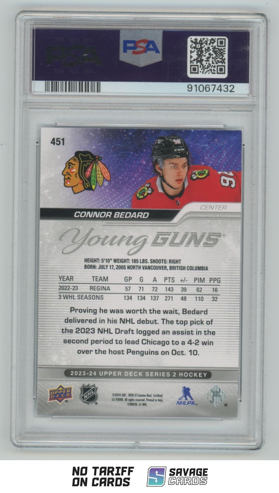 2023-24 Upper Deck Young Guns Outburst Connor Bedard PSA 10 #451 Chicago view 2