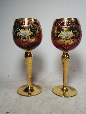 Paar Tre Fuochi Venezianische Murano Rubin Rot Gold Floral Weingläser