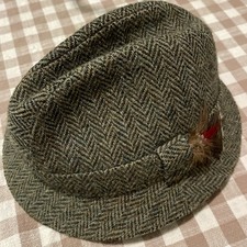 Harris Tweed Herringbone Fedora Trilby Hat W/ Feather Accent Handmade Size S
