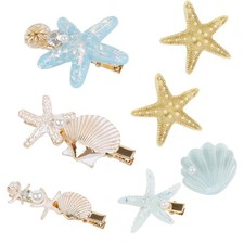 Shell Pearl Starfish Hair Clip Set -7 PCS 1 Count Pack of 7 , Gold and Blue