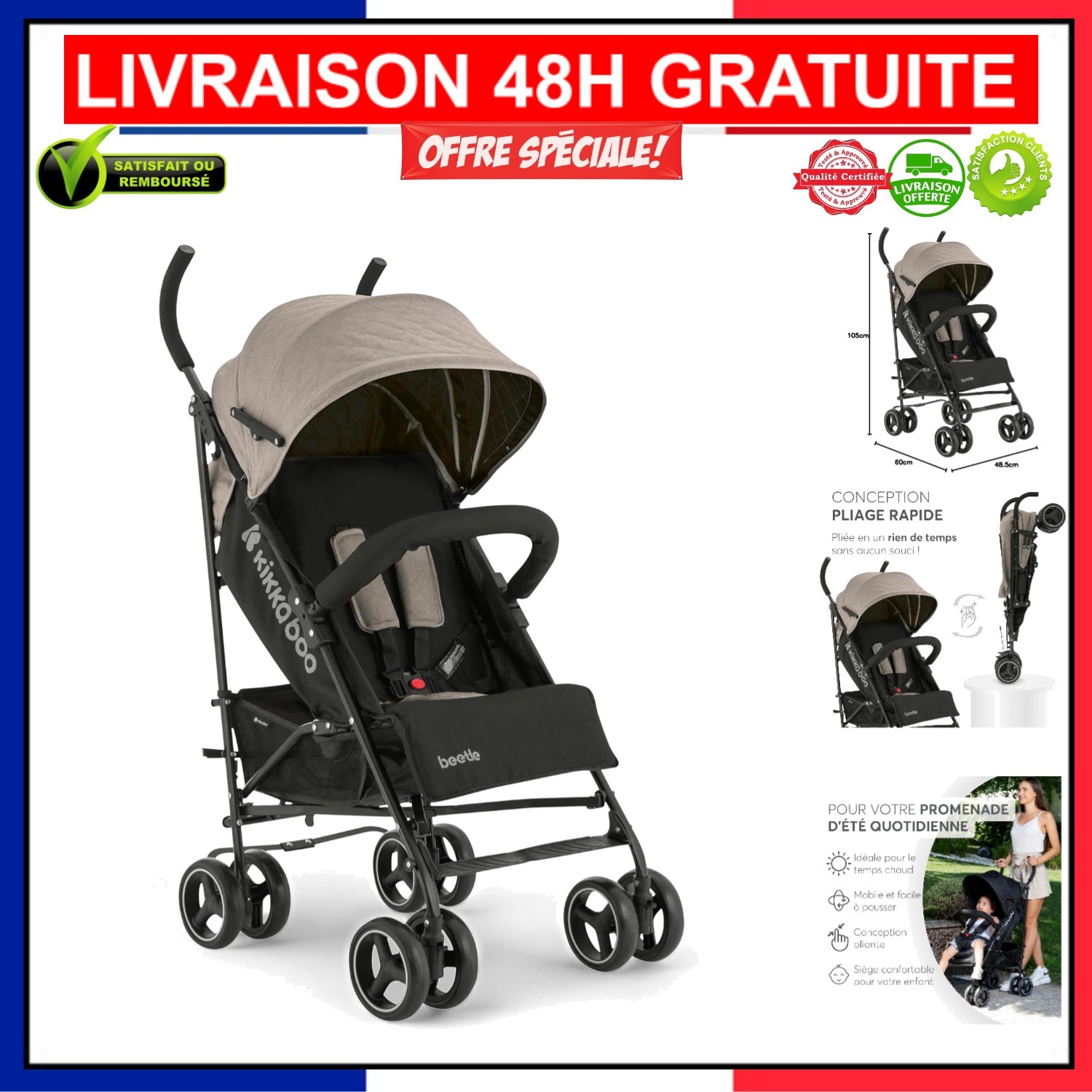 Poussette KikkaBoo BEETLE canne légère et pliable pour bébé de couleur grise