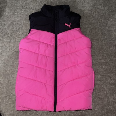 Puma Girl's Puffy Vest Bright Pink & Black Side Pockets Sz M (10-12)