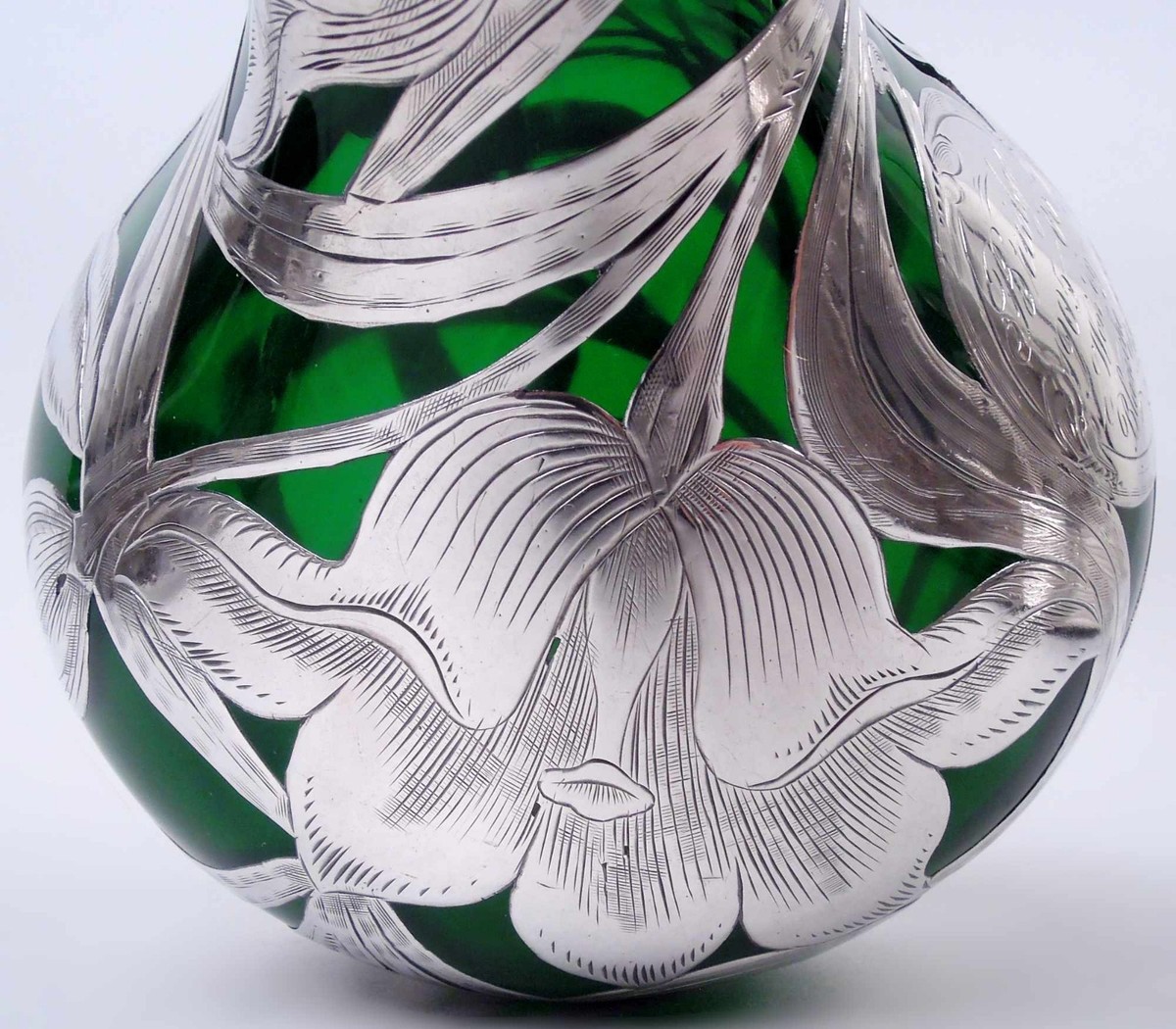 Alvin Vase G3487 Antique Art Nouveau American Silver Overlay Green