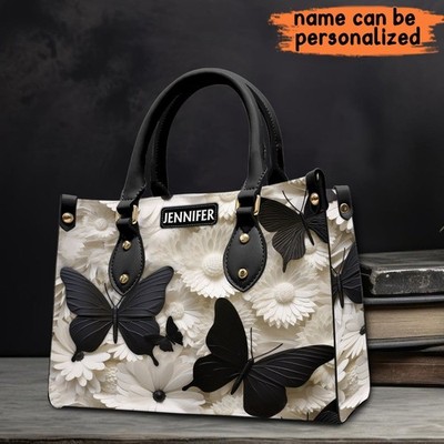 Personalized Butterfly Flowers Leather Handbag, Gift For Butterflies Lovers