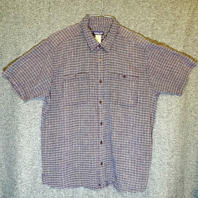 Patagonia #53138 Migration Hemp Short Sleeve Shirt, Blue Plaid Size Lg Casual