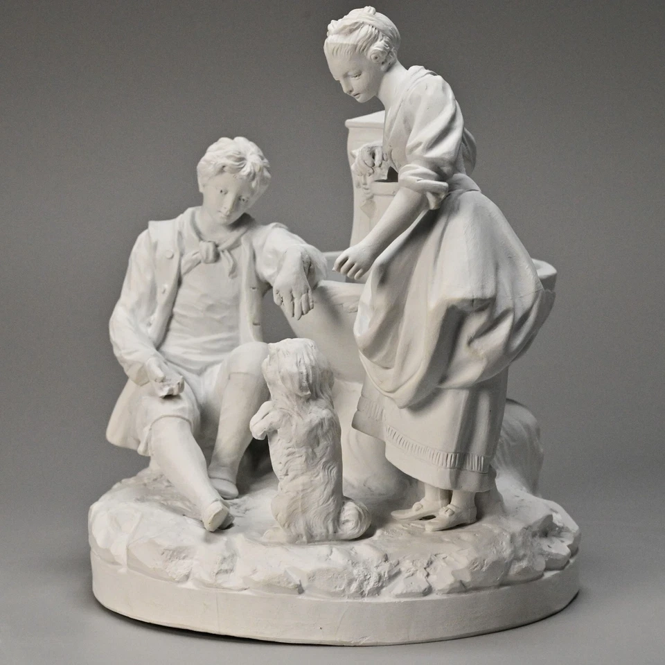 Estatuilla bisque de porcelana antigua original firmada SEVRES escultura grupo estatua Foto 3 de 4