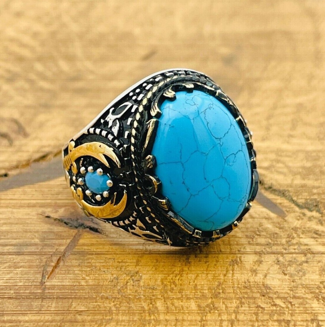 Handmade Blue Turquoise Oval Stone Men Ring, 925k Sterling Silver