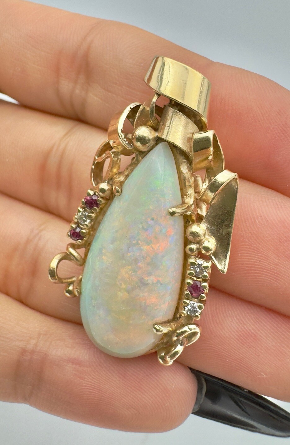 Vtg 14k Yellow Gold Australian Fire Boulder Black Opal Diamond & Ruby