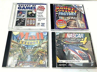 Lot Of 4 PC Games Nascar Racing 4, Mall Tycoon, Roller Coaster Factory, Galaxy 