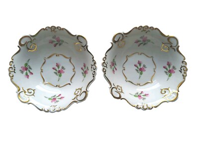 JRJS Cluj Set Of 2 Bowls White Porcelain Romanian Floral Gold Trim Vintage