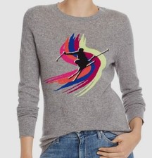  498 Aqua Women Gray Graphic Crewneck Long Sleeve Cashmere Sweater Sweatshirt XS