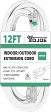 White 12 ft Outdoor Extension Cord - 14 Gauge 3 Prong SJTW Heavy Duty Extensi...