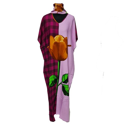 Femmes Rose Coton à Carreaux Floral Multicolore Caftan Gratuit Taille + Écharpe - Photo 5 sur 7