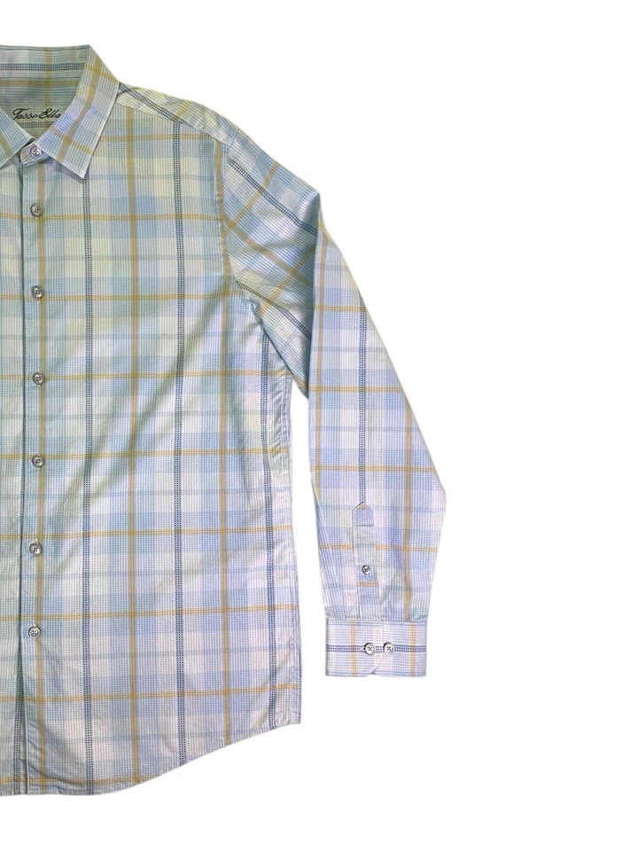 Camisa grande TASSO ELBA para hombre manga larga abotonada azul amarillo rayas texturizada Foto 4 de 4