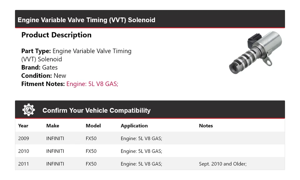 Соленоидные ворота для газового двигателя VVT V8 2009-2011 INFINITI FX50 5 л 2010 - Изображение 2 из 4