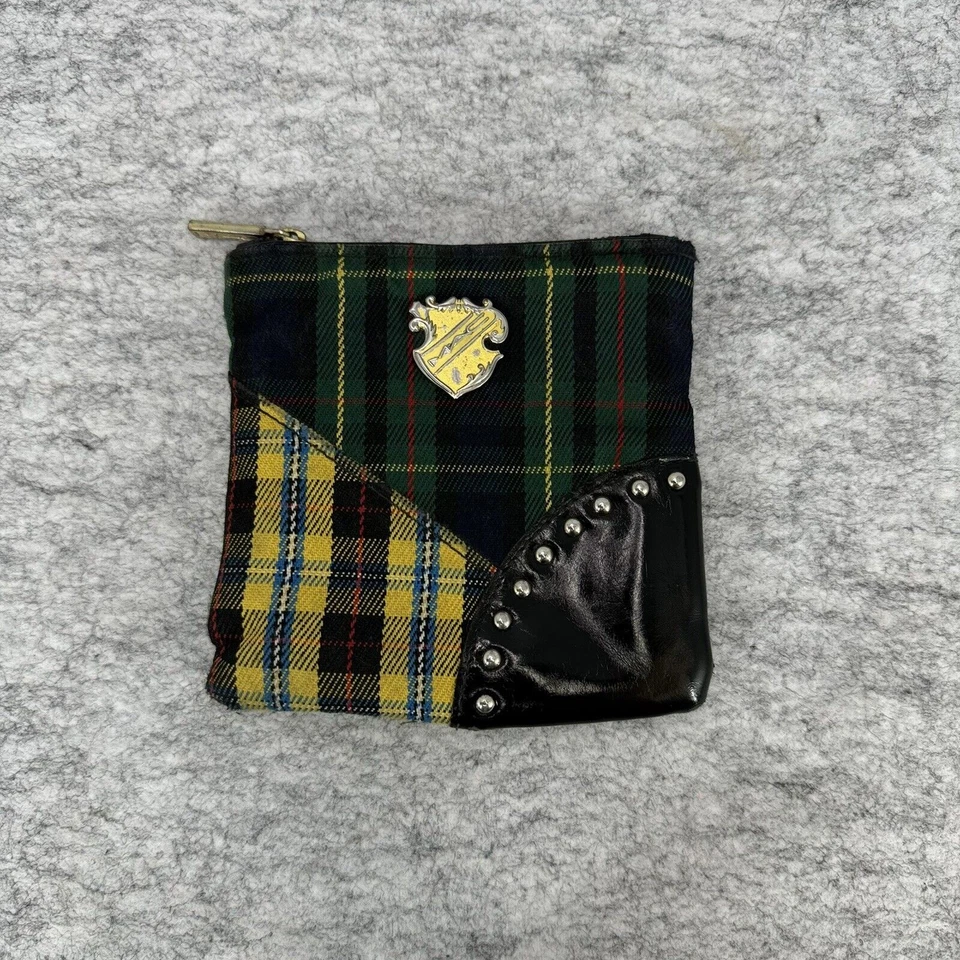 MAC Yellow Green Plaid Canvas Zip Studded Make-Up Clutch Bag Wallet Purse - Image 2 of 4