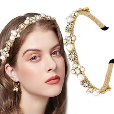Gold Pearl Thin Headband, Rhinestone, Beaded Hair Ties, Baroque, Wedding