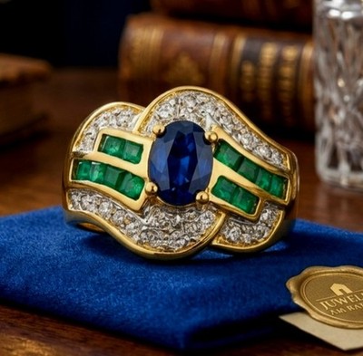 Saphir Smaragd Diamant Ring 585 Gelbgold 14K Cocktailring Zertifikat Gr 55 Damen