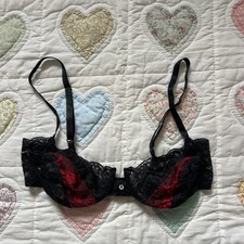 Christian Dior Black Lace Red Floral Satin Vintage Bra Made in the USA 36 C