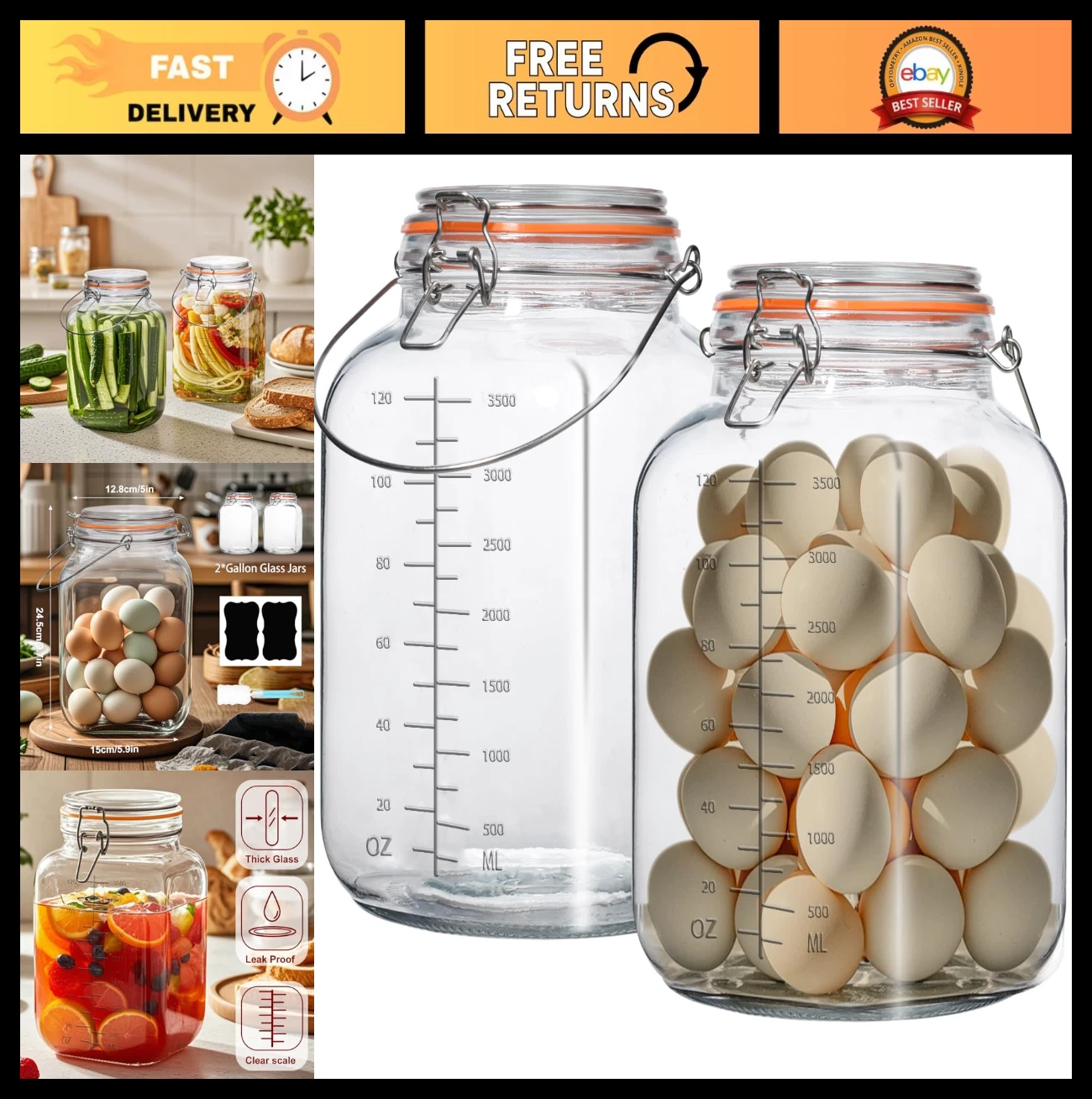 2 Pack 1 Gallon Glass Storage Jars with Airtight Lids, Wide Mouth Mason Jugs 128