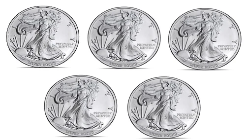 Lot of 5 – 1 oz .999 Fine Silver Walking Liberty Rounds – 5 Troy oz Total