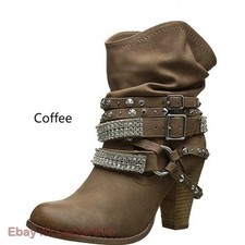 Women's Retro Slouch Boots Rivets Buckle Shoes High Booties Block Heel