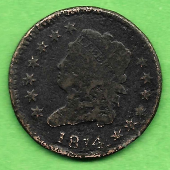 1814 CLASSIC HEAD LARGE CENT, LAST YEAR OF SERIES, 212 YEARS OLD!!!